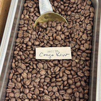 A close-up view of the Congo, Kivu roasted coffee beans showing their shape, size, and uniformity of medium roast degree.