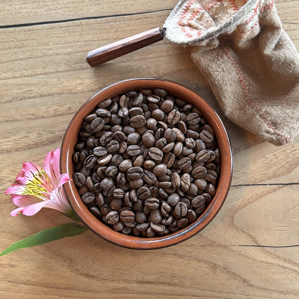 Close up shot of the Costa Rican roasted coffee in small ceramic bowl on a wood table with a tropical flower and Costa Rican cotton coffee filter placed artistically alongside the coffee.
