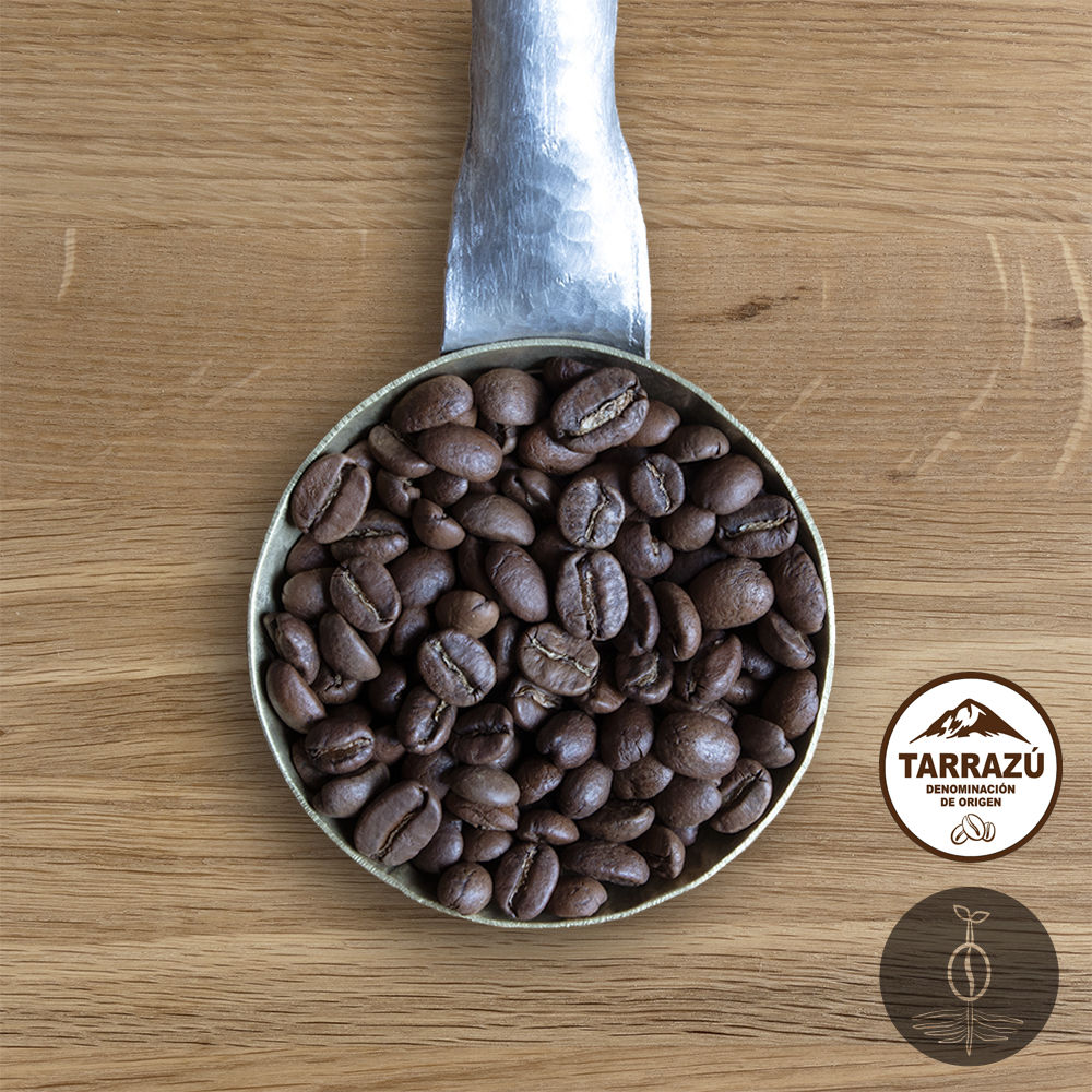 Close-up shot of Costa Rica La Pastora medium roasted coffee beans in a handmade scoop with a wooden cutting board background.
