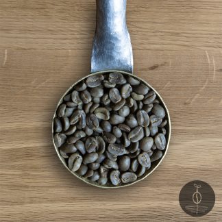 Close-up shot of Decaf Peru Cajamarca green (raw) coffee beans in a handmade scoop with a wooden cutting board background.