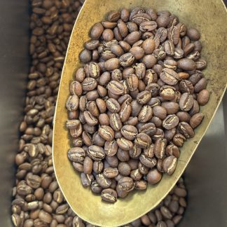 A close-up view of the Ethiopia Yirgacheffe Kochere region roasted coffee beans showing their shape, size, and uniformity of light roast degree.