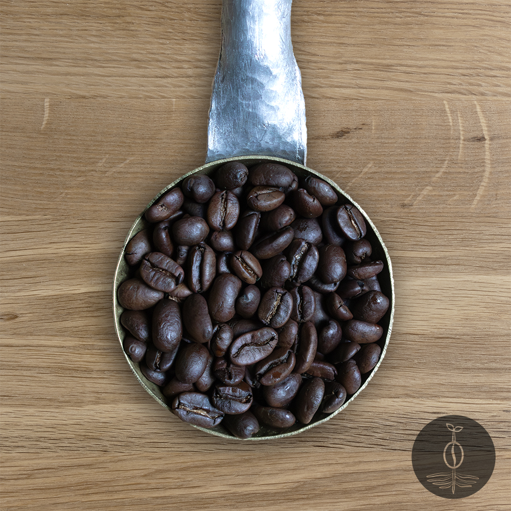Close-up shot of Sumatra Gayo Mountain dark roasted coffee beans in a handmade scoop with a wooden cutting board background.